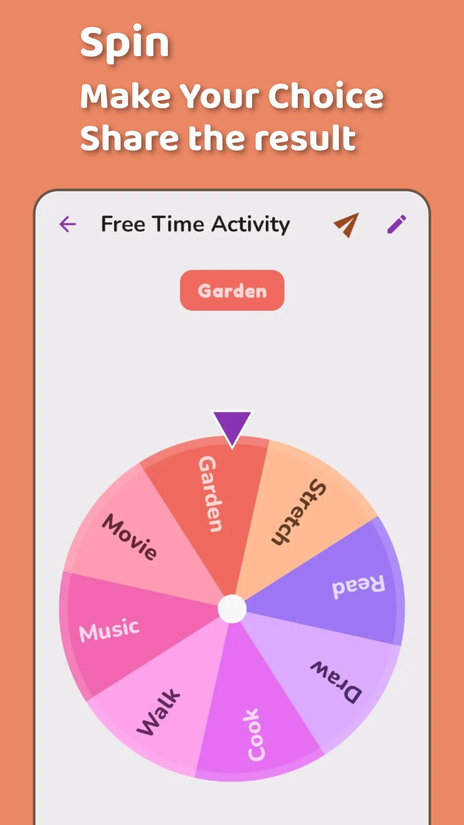 Spin — a saved wheel called Free Time Activity, landing on Garden