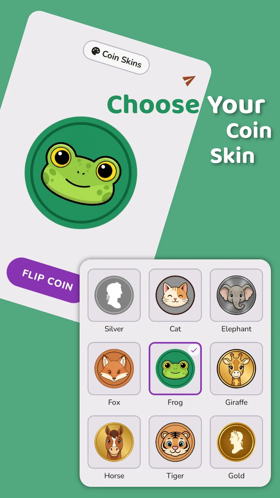 Choose your coin skin — the frog coin selected from the skins grid