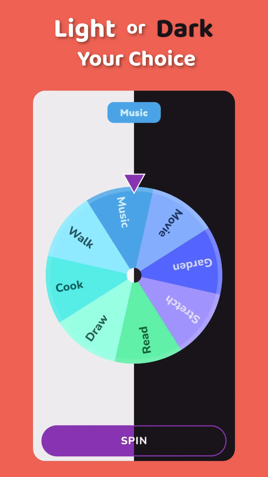 Light or dark — the same wheel shown half in the light theme, half in the dark