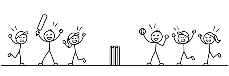 Two stick-figure teams at the stumps for the toss, one side with a bat, the other with a ball