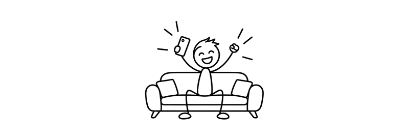 A stick figure on a sofa, cheering at their phone