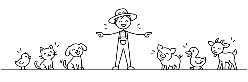 A farmer splitting six animals into two teams