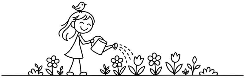 A stick figure watering a long row of flowers